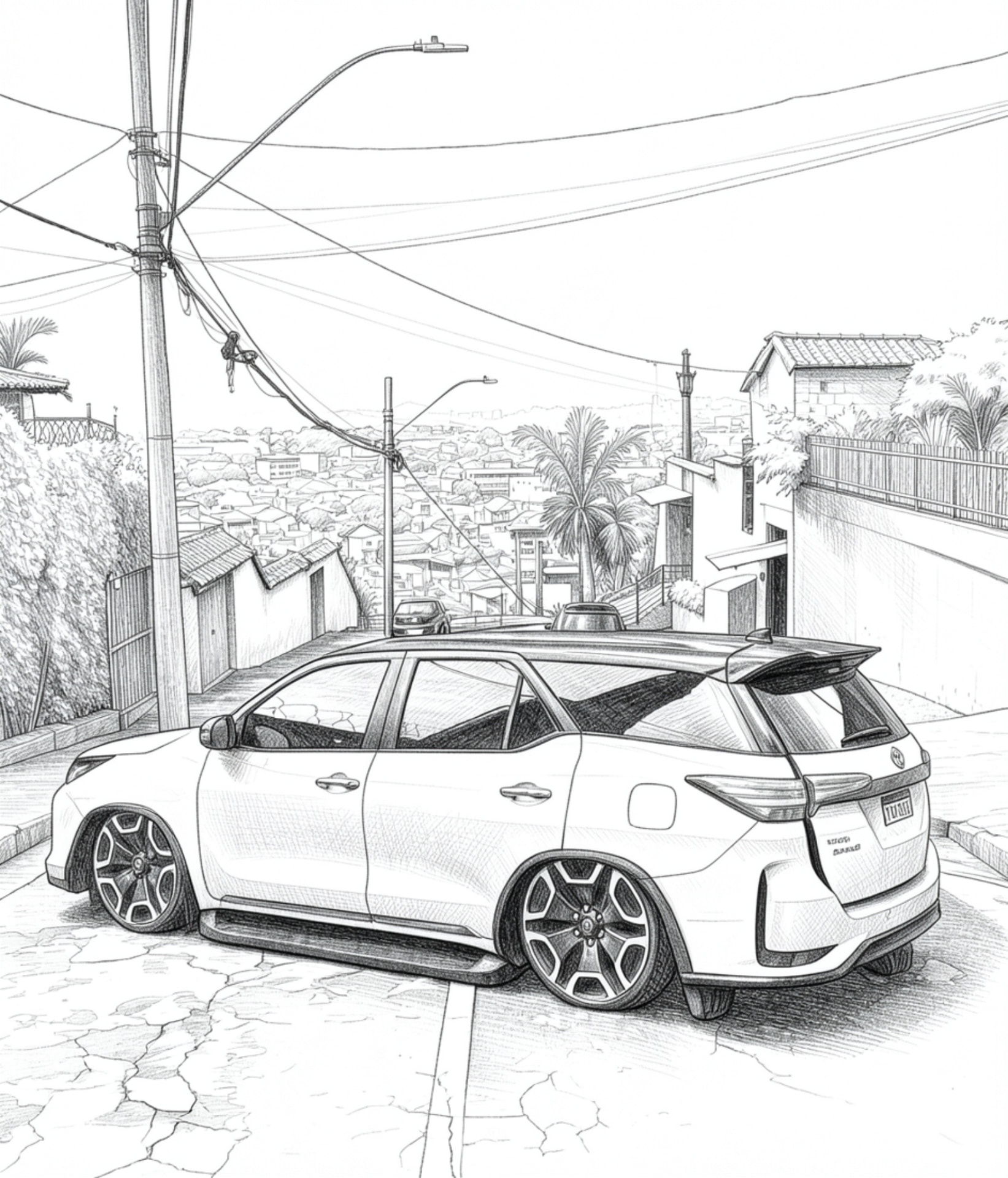 Desenho para colorir de perua rebaixada com aerofólio em rua de morro