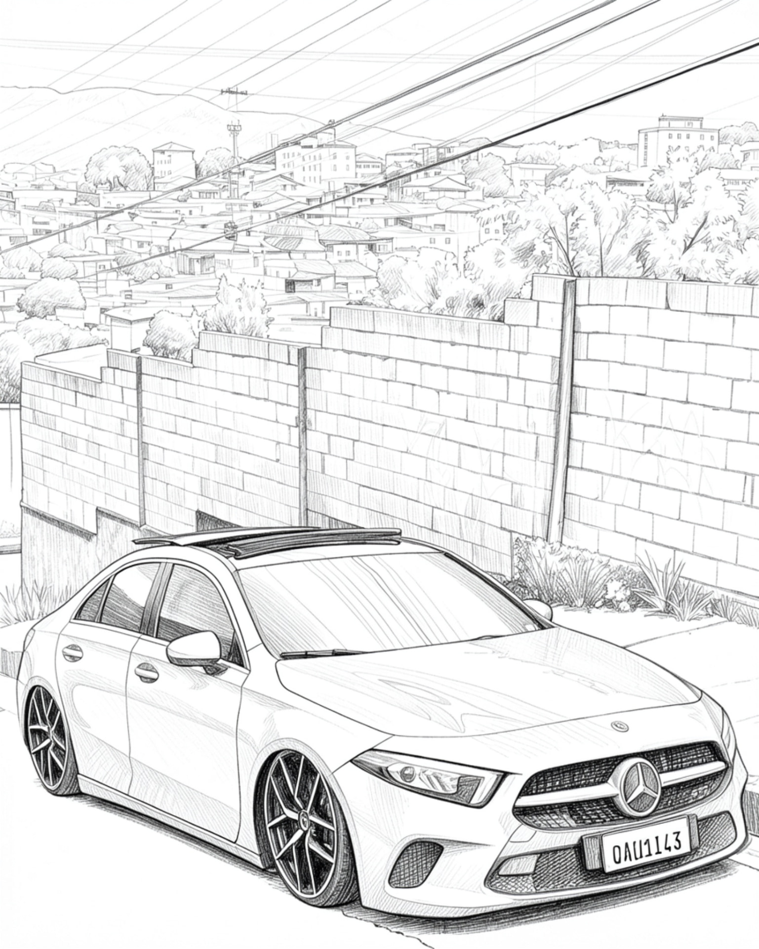 Desenho para colorir de sedã premium rebaixado com vista da cidade